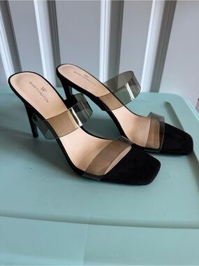 Worthington Black Suede Heeled Slides with Clear Straps